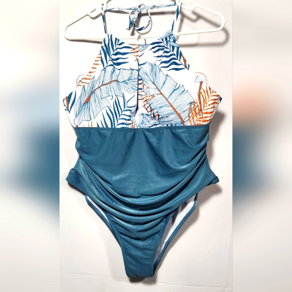Tropical Blue and White One Piece Swimsuit with Ruching-Size 2XL